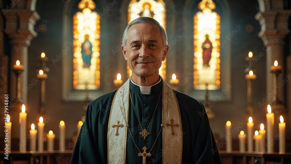 Naklejka premium Smiling priest or religious leader in a church, radiating warmth and spirituality amidst soft candlelight and stained-glass windows