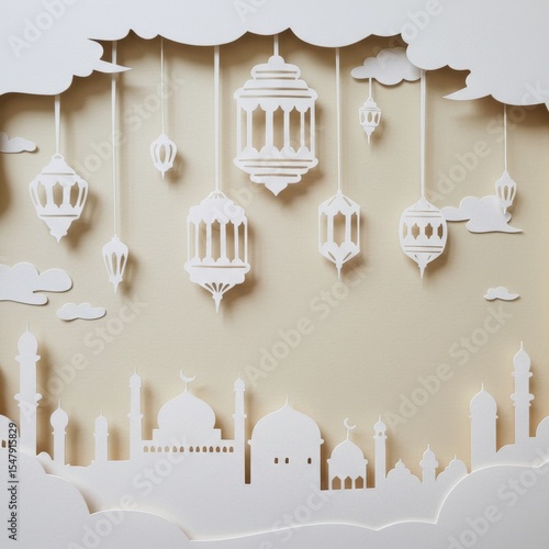 Elegant Paper Cut Art Ramadan Kareem Festive Celebration Islamic Mosques Lanterns Clouds Background