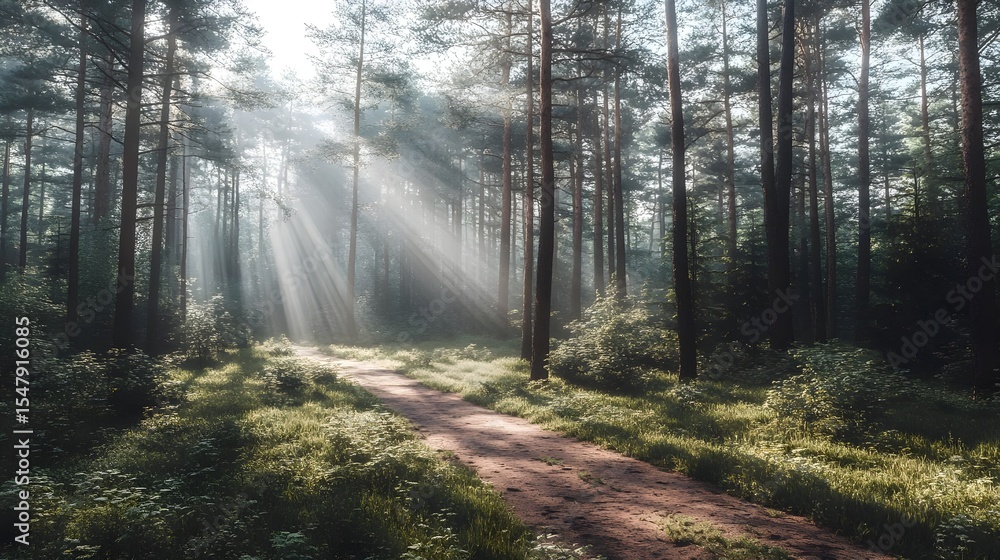 Obraz premium Forest, Woods, Trees, Sunbeams in the Forest Path