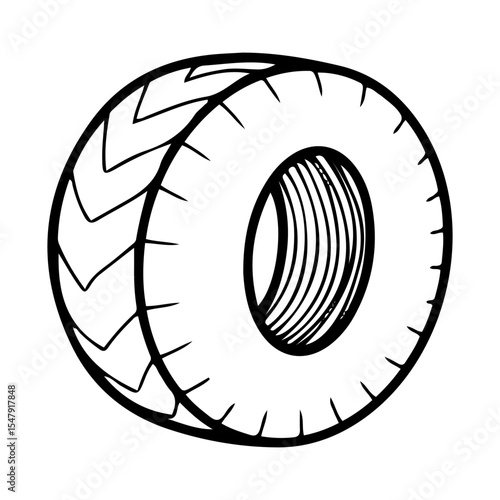 Car tire wheel. Hand drawn doodle vector. Auto service. Round rubber part of the chassis of the vehicle for grip on the road. Garage repair. Illustration line art element.
