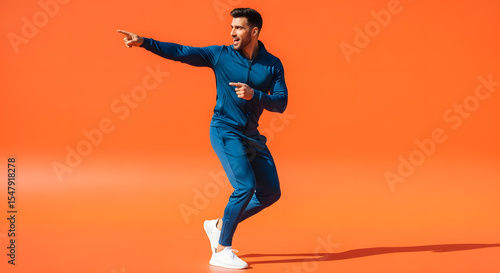 Athletic man wearing sportswear, pointing left as if showing an offer, isolated on a dynamic orange background, natural light
