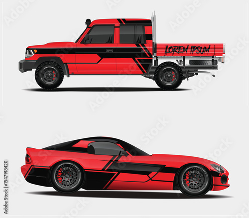 Red Pickup Truck and Sports Car Graphic Designs