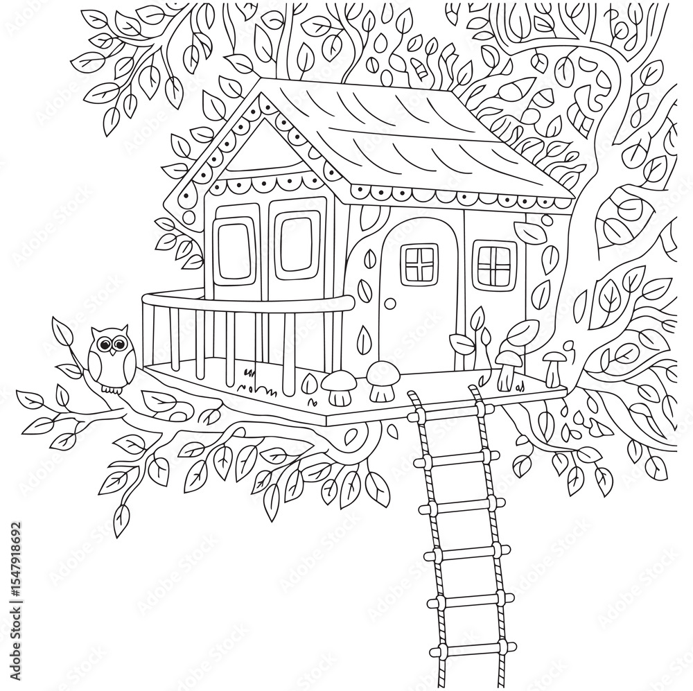Fototapeta premium Treehouse Coloring Page Owl Mushrooms Ladder Leaves