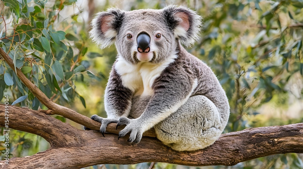 Naklejka premium Koala, Koala bear, Eucalyptus, Adorable Koala Sitting on Eucalyptus Branch