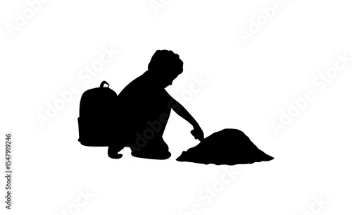 A simple silhouette of a child crouched down, playing with sand.