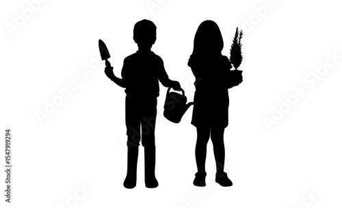 Silhouette of two children, likely siblings or friends, engaged in gardening.