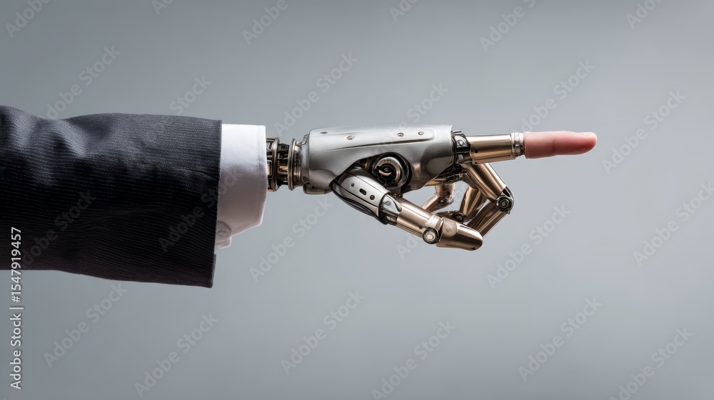 Fototapeta premium Robotic hand in suit pointing forward