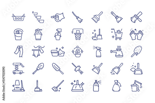 Collection of Cleaning Tools and Supplies in Outline Style on White Background