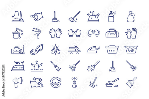 Set of Cleaning and Disinfection Line Icons on White Background