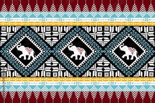 Vibrant traditional Thai fabric design in pixel art, highlighting cultural patterns with white elephants and bold geometric motifs, celebrating Southeast Asian heritage.