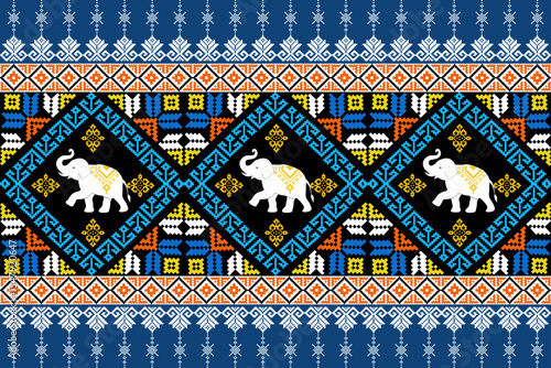 Vibrant traditional Thai fabric design in pixel art, highlighting cultural patterns with white elephants and bold geometric motifs, celebrating Southeast Asian heritage.