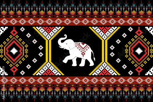 Vibrant traditional Thai fabric design in pixel art, highlighting cultural patterns with white elephants and bold geometric motifs, celebrating Southeast Asian heritage.