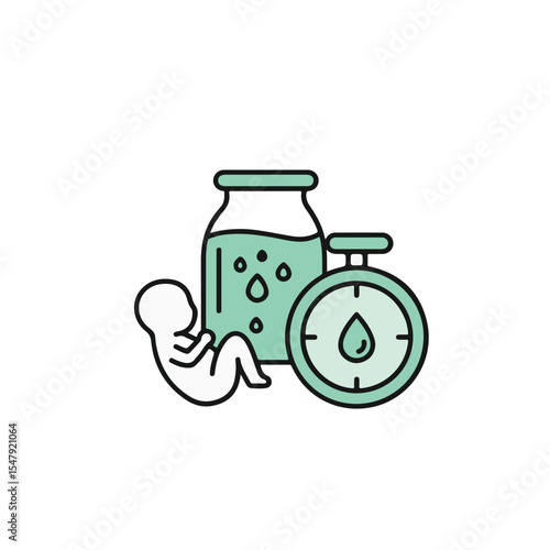 Baby with breast milk bottle and weight indicator.