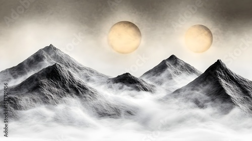 Mountains, Misty mountains, Fog, Twin Moons Over Misty Mountains