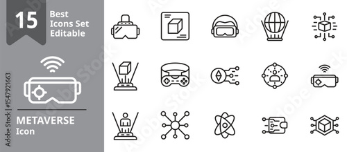 Set of Metaverse icons. Icons Contains cyberspace, hologram, blockchain, nft, virtual, reality, etc . Design elements for you projects. Editable stroke vector illustration