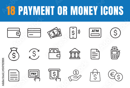 Money or payment icon set. Containing payment, credit card, ATM, purchase, bill, coins in hand, wallet, bank, pay, dollar, Eurodollar, bitcoin and more. Editable line icons. Vector illustration.