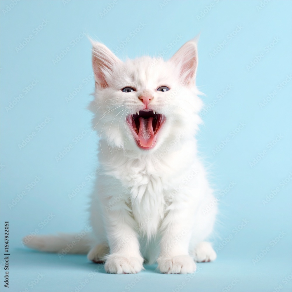 Fototapeta premium Yawning White Maine Coon Kitten on Powder Blue Background