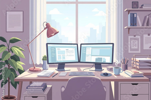 Cozy Home Office Setup with Dual Monitors