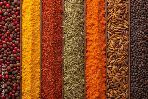 Assorted Colorful Spices in Wooden Compartments – Flat Lay Macro
