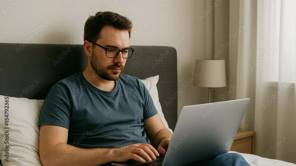 Young white man working from bed on laptop in casual clothes - concept of freelance career comfort and digital productivity Young white man working from bed on laptop in casual clothes - concept of freelance career comfort and digital productivity