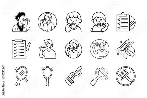 Tooth Brushing Icon Set on White Background