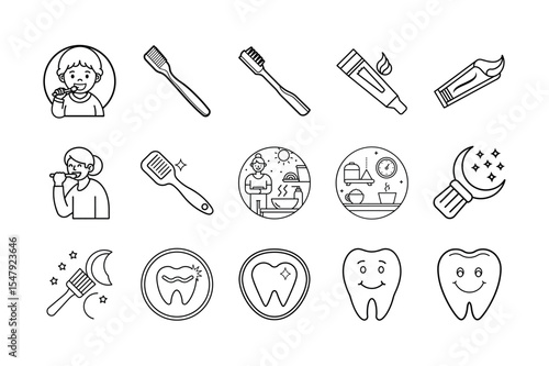 Tooth Brushing Icon Set on White Background