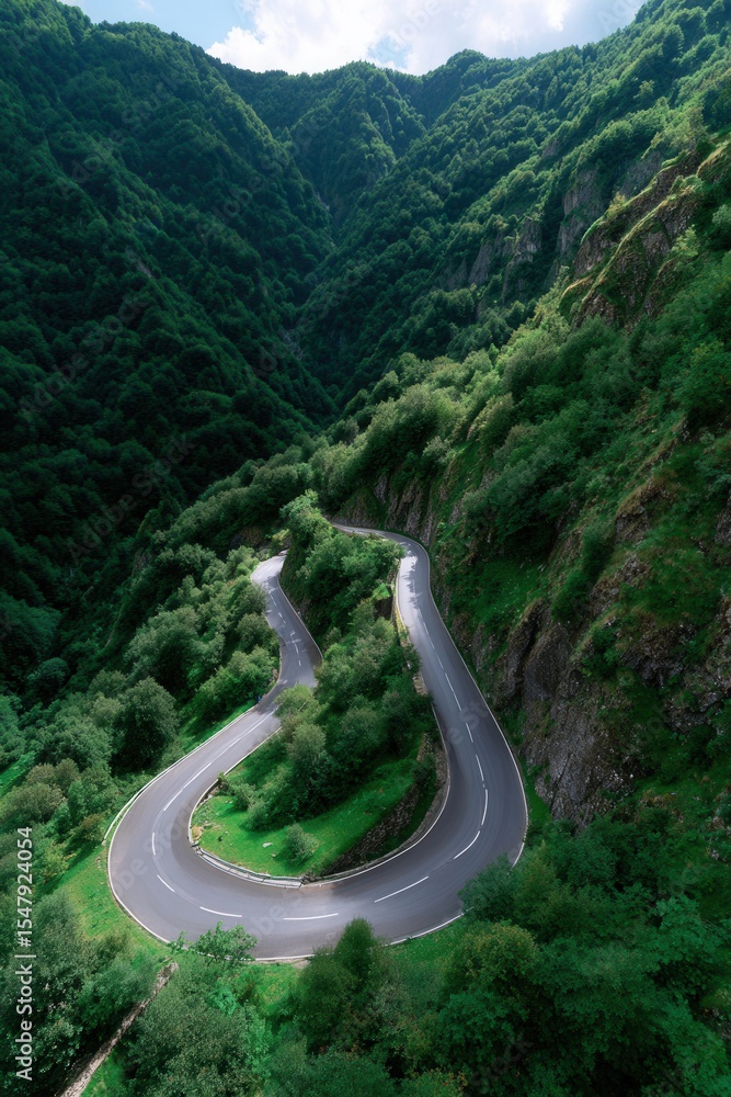 Sharp turns on remote mountain road, scenic expedition Sharp turns on remote mountain road, scenic expedition
