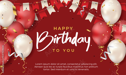 happy birthday greeting template with balloon, birthday flag and glitter