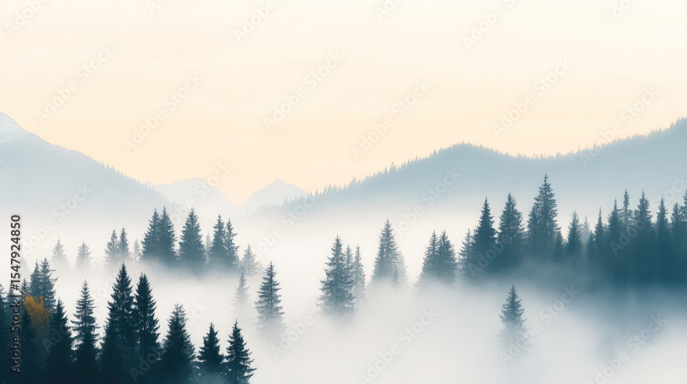 A serene mountain landscape enveloped in mist, showcasing nature's tranquility and beauty in a peaceful environment. A serene mountain landscape enveloped in mist, showcasing nature's tranquility and beauty in a peaceful environment.