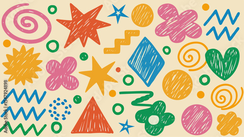 Bold abstract vector with playful doodles, arrows, stars, and squiggles in vibrant colors—perfect for creative, modern design projects