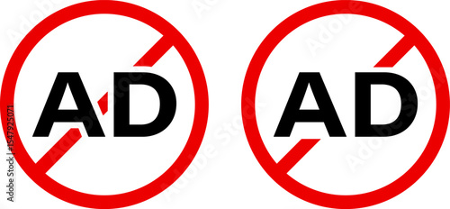 ad block icon set. No ads icon. Remove advertisement logos.  Ads with prohibition marks
