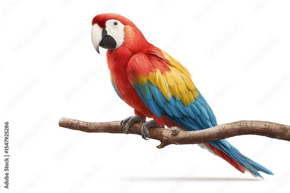 Fototapeta premium Colorful parrot clipart for kids, a vibrant macaw perched on a branch with red, yellow, and blue feathers, perfect for children's designs and tropical themes.