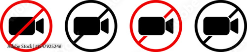 no video camera icon set. Video recording prohibited icons. Prohibited symbol sign set. prohibit icon logo collection. Stop photograph warning symbol
