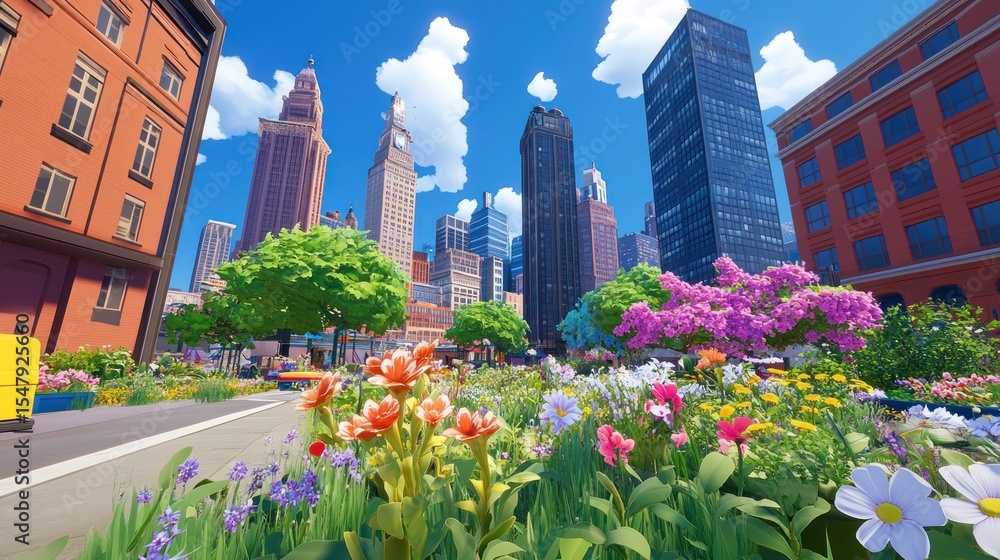 Fototapeta premium Cityscape with vibrant flowers, sunny day
