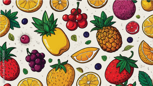 Seamless pattern with a fresh collection of healthy fruits including pineapple, apple, orange, lemon, banana, strawberry, kiwi, cherry, mango, pear, pomegranate, grape, raspberry