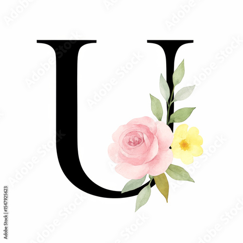 Capital Letter U with Delicate Watercolor Floral Decor