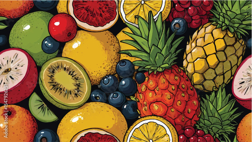 Fresh and healthy isolated fruits like vibrant oranges, ripe pineapples, crisp apples, and juicy strawberries create a colorful fruit and vegetable background