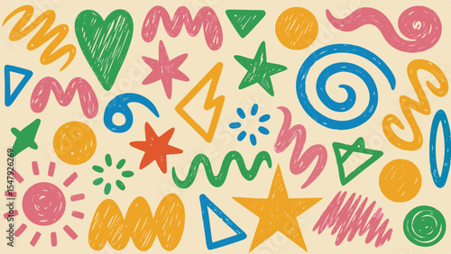 Bold abstract vector with playful doodles, arrows, stars, and squiggles in vibrant colors—perfect for creative, modern design projects