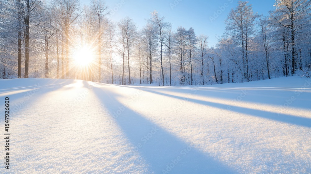 Obraz premium A serene winter landscape showcasing snow-covered fields and tall trees illuminated by bright sunlight during a clear day.