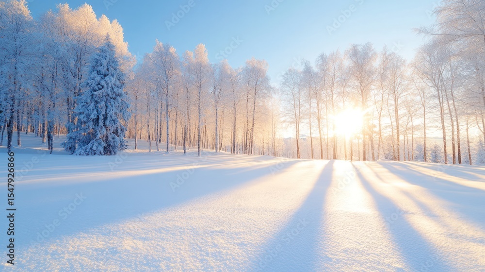 Obraz premium A serene winter landscape with snow-covered trees and soft sunlight casting beautiful shadows on a pristine white field.