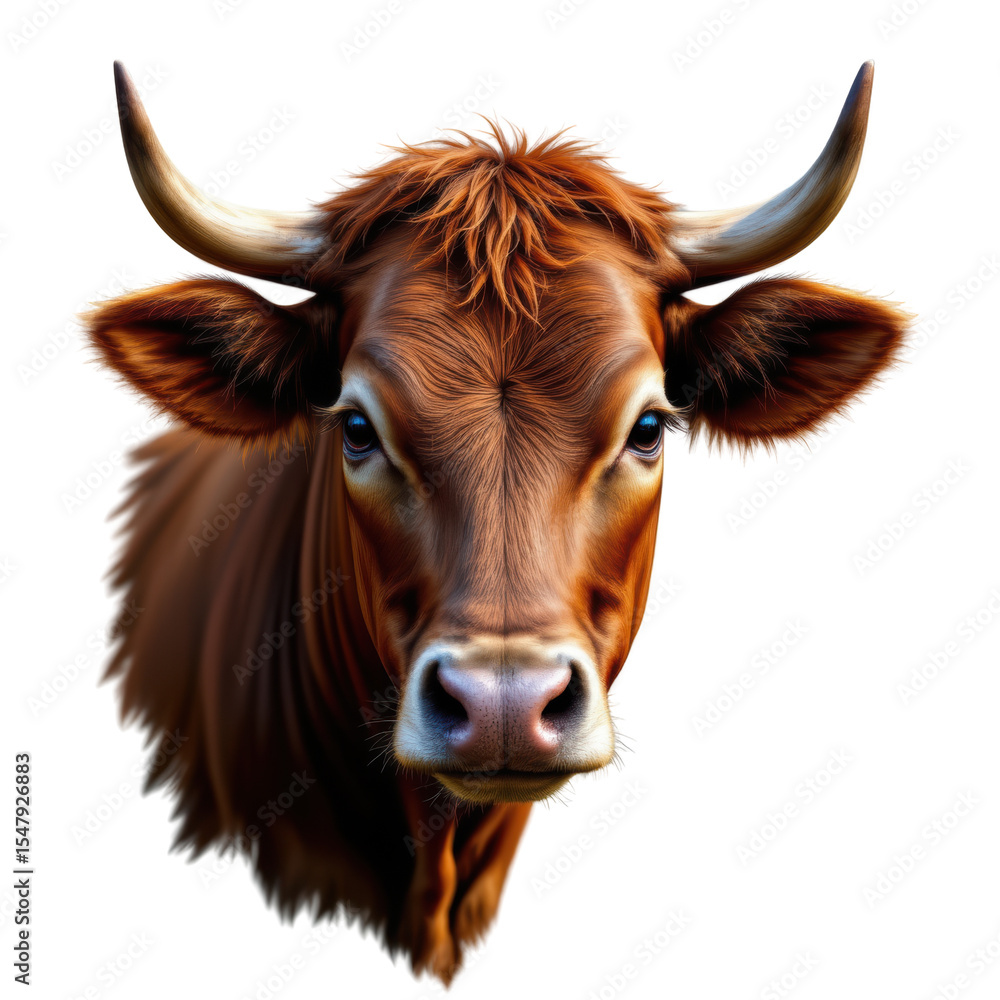 Naklejka premium A close-up portrait of a brown bull with prominent curved horns and detailed fur texture, looking directly ahead with an intense and calm expression.