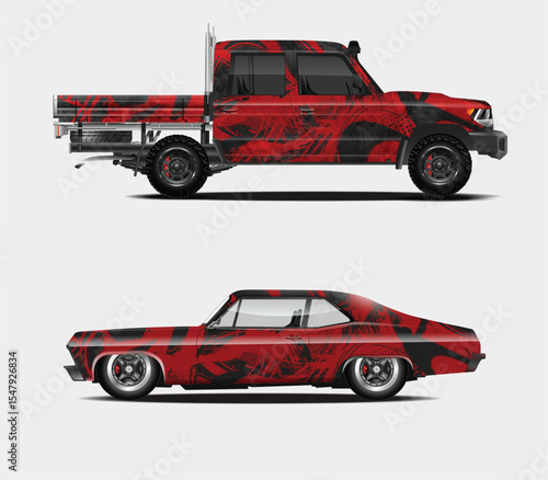 Red and Black Graphic Wraps for Pickup Truck and Muscle Car