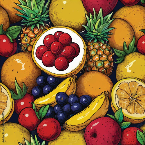 Fresh group of tropical fruits and vegetables including pineapple, apple, orange, banana, lemon, kiwi, grape, mango, red and green sweet ananas