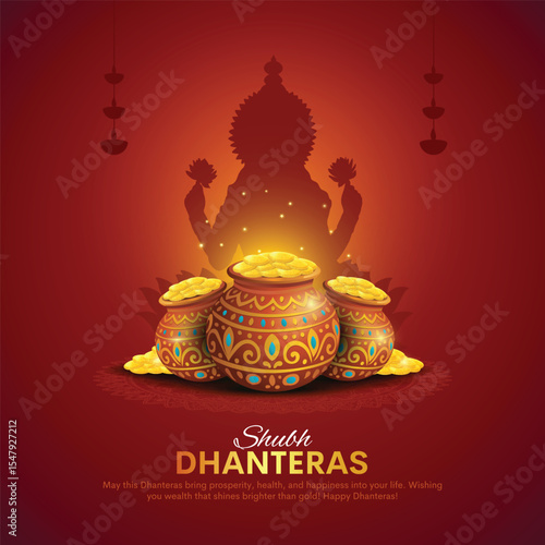 Happy Dhanteras - poster template design with gold coin in pot and goddess Laxmi silhouette. Creative vector illustration design.