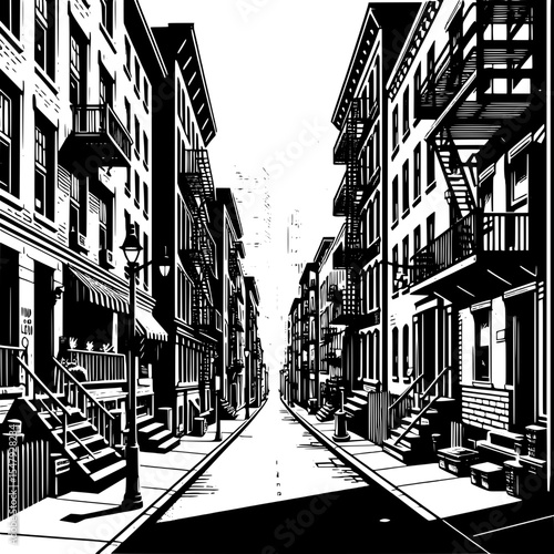 Black and White Vector of a Narrow Alleyway