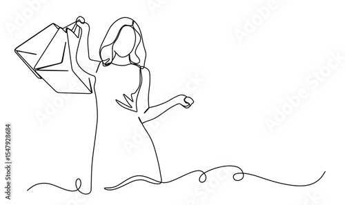 art of a continuous line of a woman looking happy with a shopping bag in her hand. vector illustration