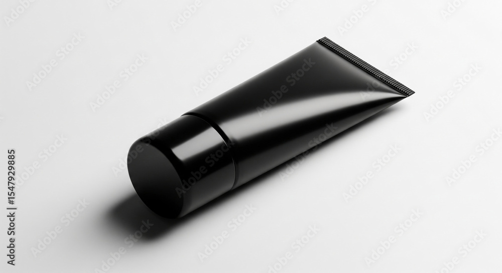 Fototapeta premium Black tube mockup on white background, showcasing a sleek and minimalist design, ideal for cosmetic or beauty product presentation, offering blank space for branding