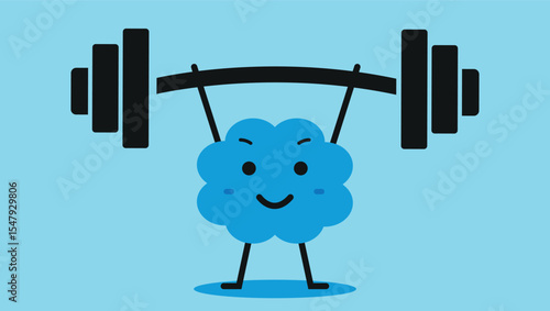 cute cartoon brain character lifting barbell weights on blue background for mental strength concept	