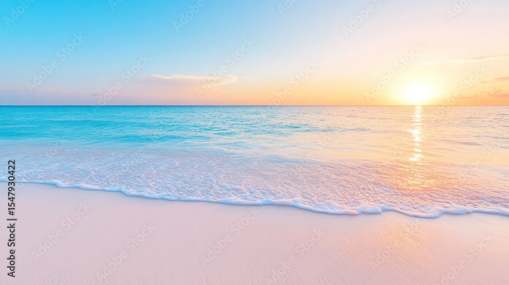 Fototapeta premium Breathtaking sunset over a serene beach, with gentle waves and soft pink sands creating a tranquil coastal atmosphere.