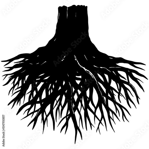 Silhouette of a tree trunk with sprawling root system, intricately illustrated in black with branching organic lines spreading downward, symbolizing growth, nature, and stability.